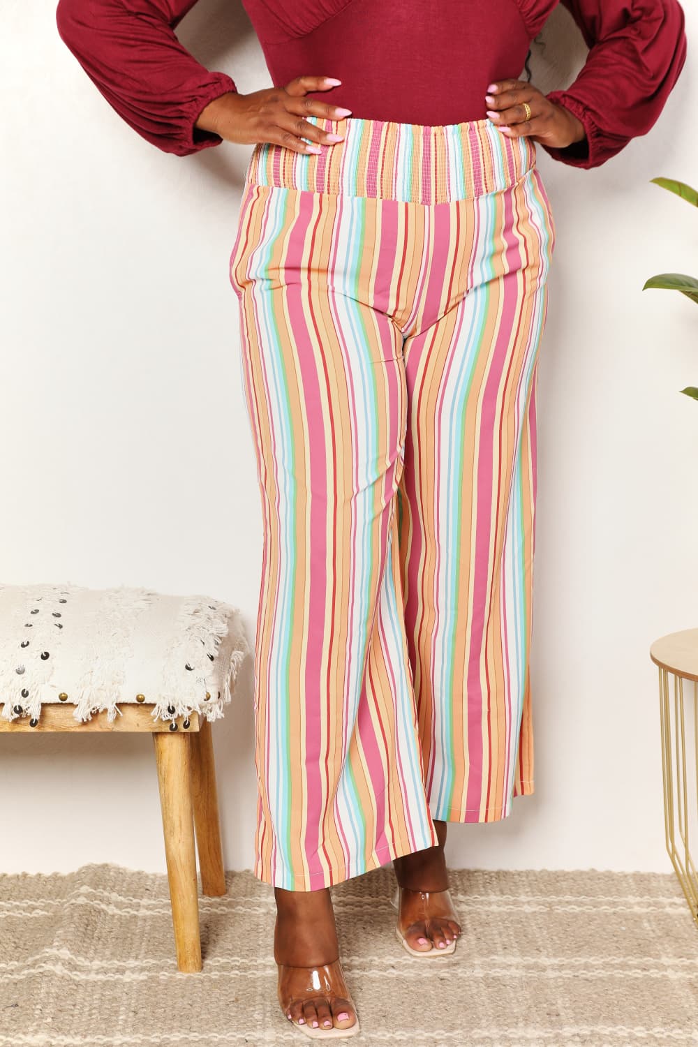 Double Take Striped Smocked Waist Pants with Pockets - Charming Charlie