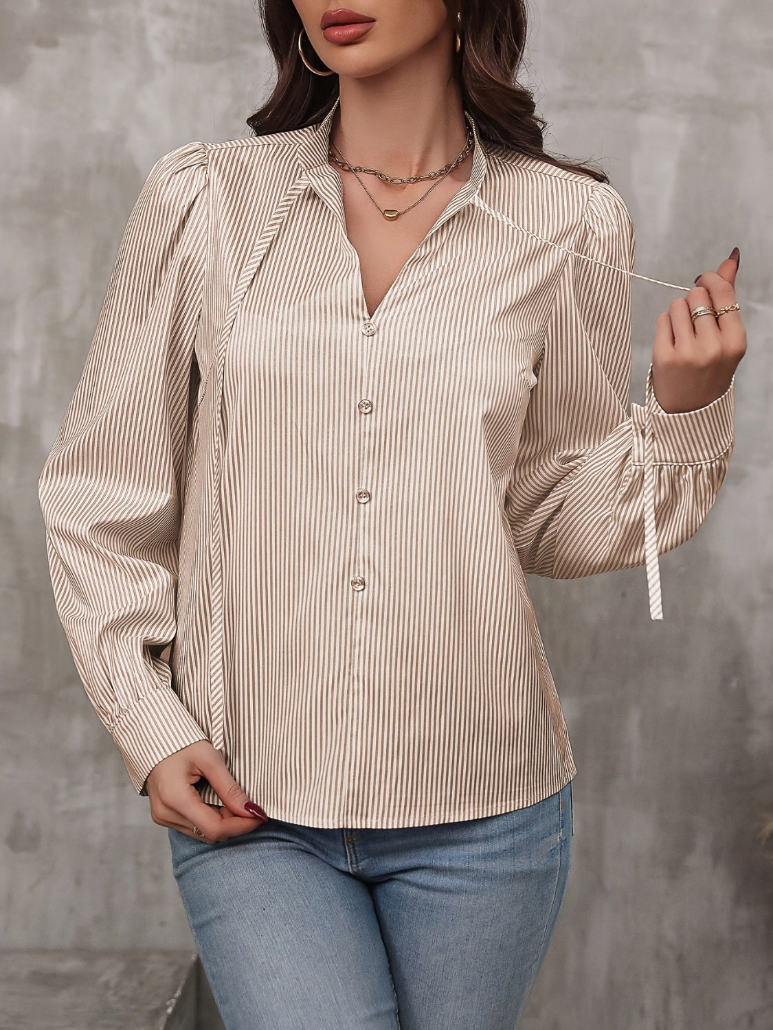 Tied Striped Long Sleeve Blouse - Charming Charlie