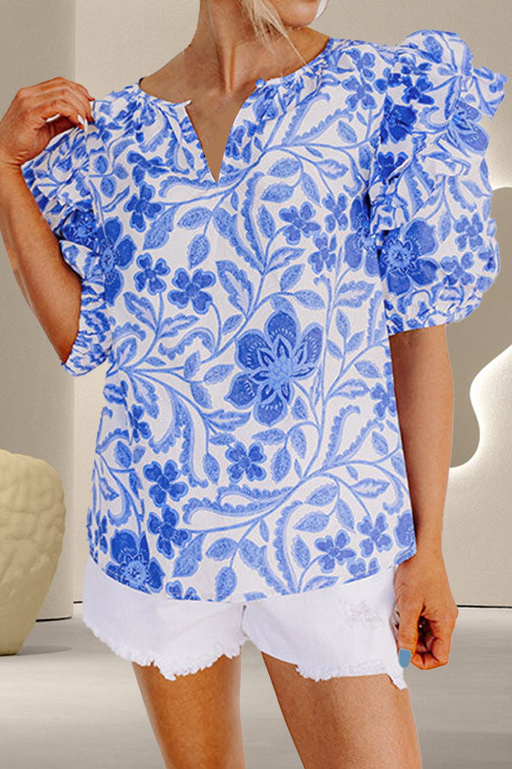 Printed Notched Half Sleeve Blouse - Charming Charlie