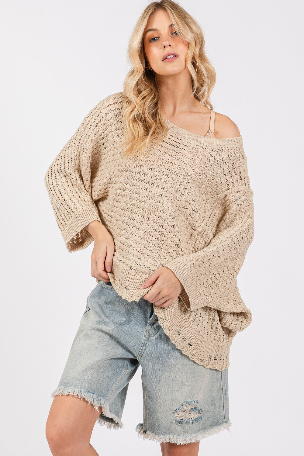 SAGE + FIG Distressed Asymmetrical Open Stitch Sweater - Charming Charlie