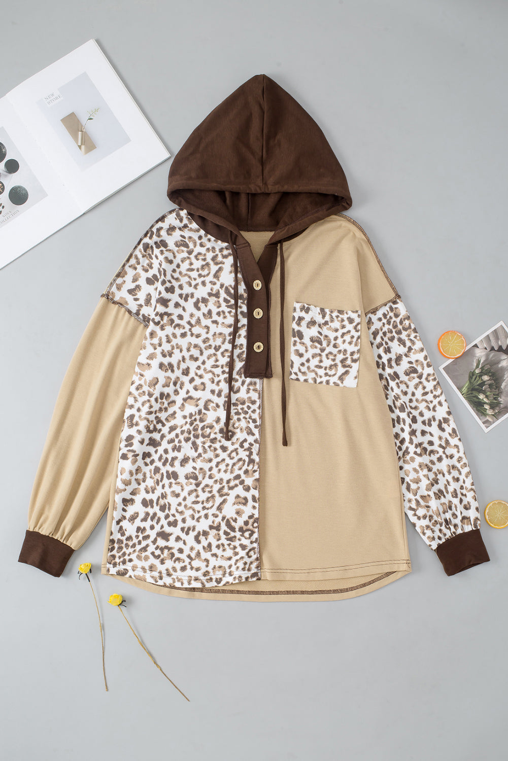 Leopard Drawstring Chest Pocket Hoodie - Charming Charlie