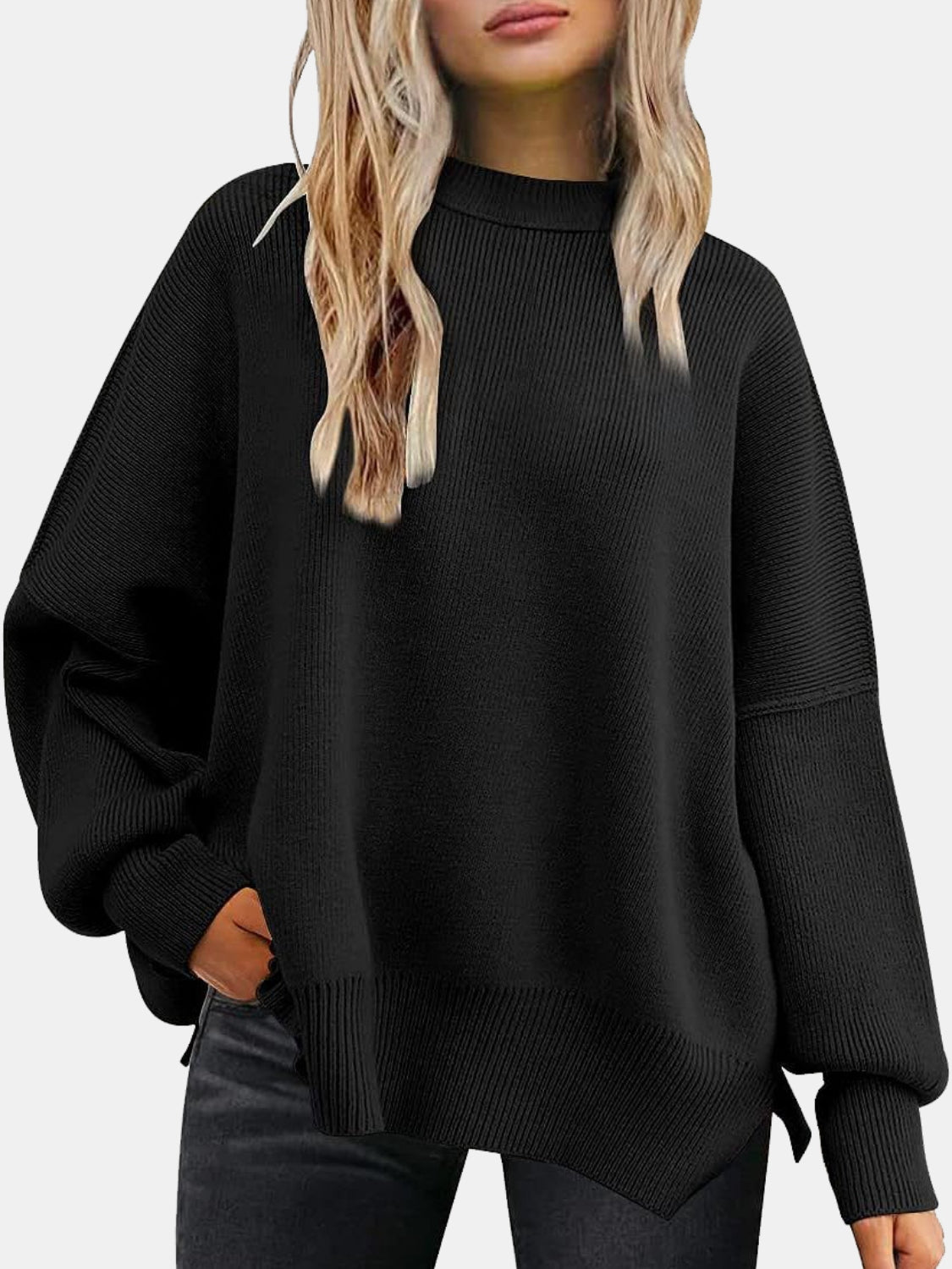 Round Neck Drop Shoulder Slit Sweater - Charming Charlie