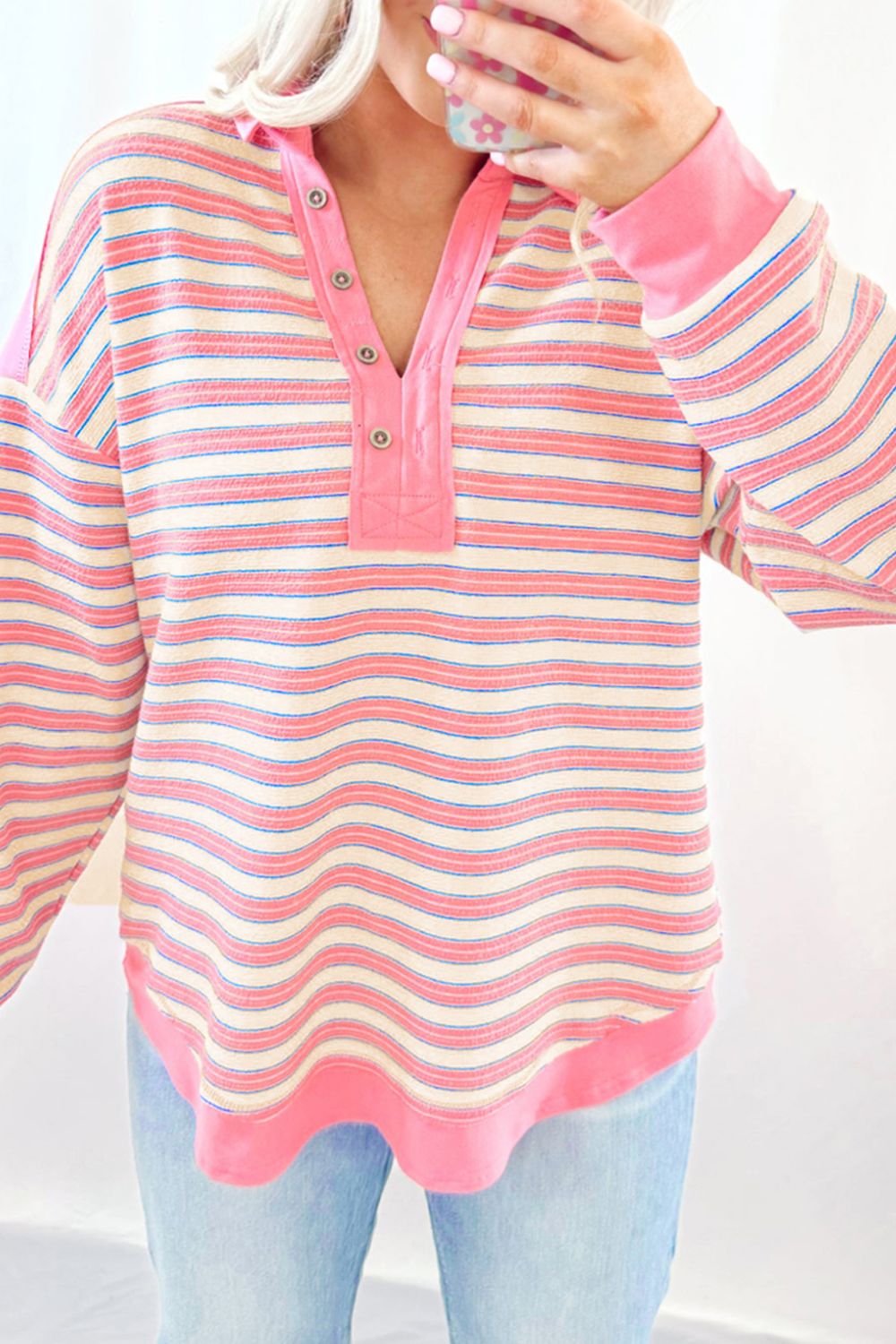 Striped Johnny Collar Long Sleeve Sweatshirt - Charming Charlie
