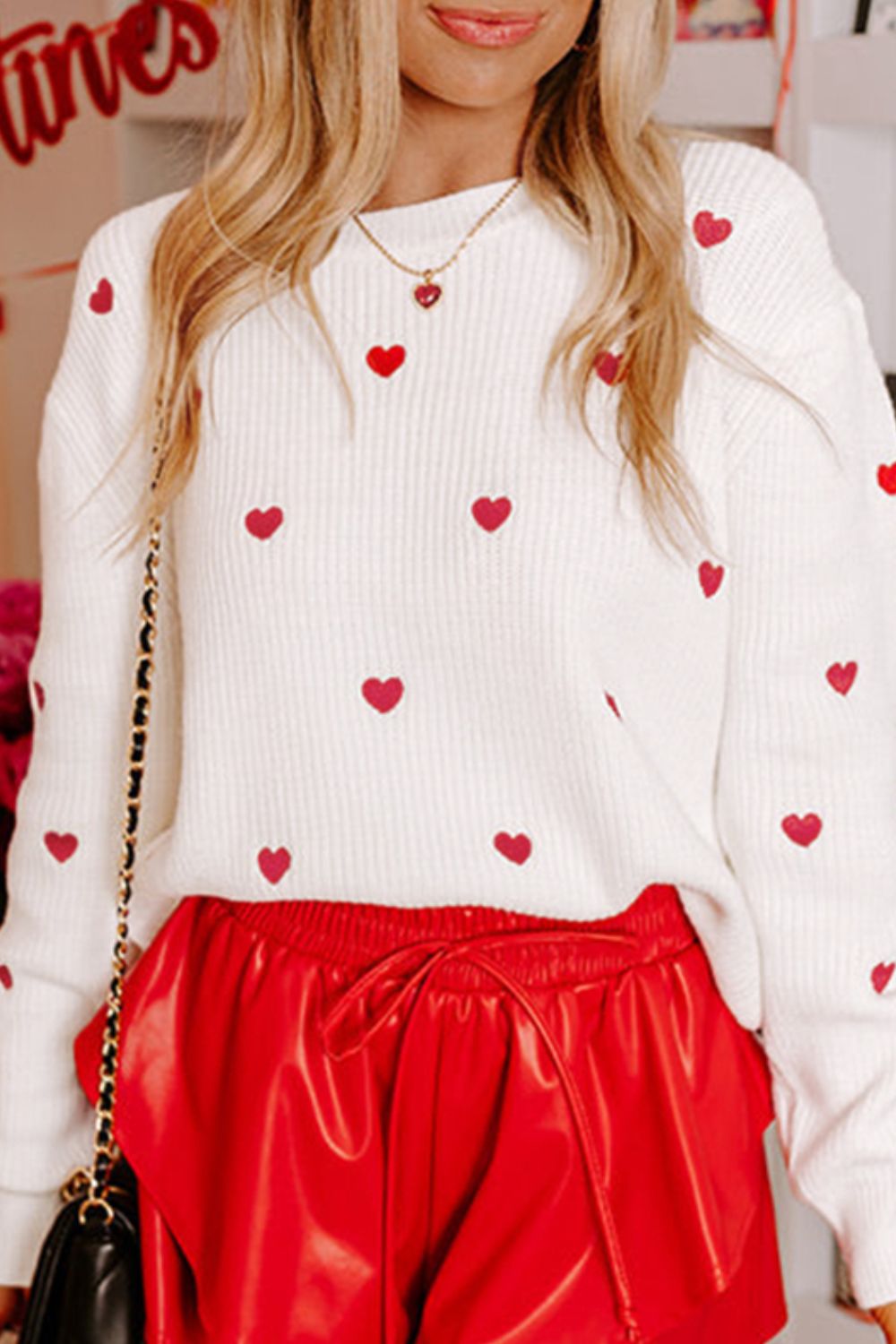 Heart Round Neck Long Sleeve Sweater - Charming Charlie