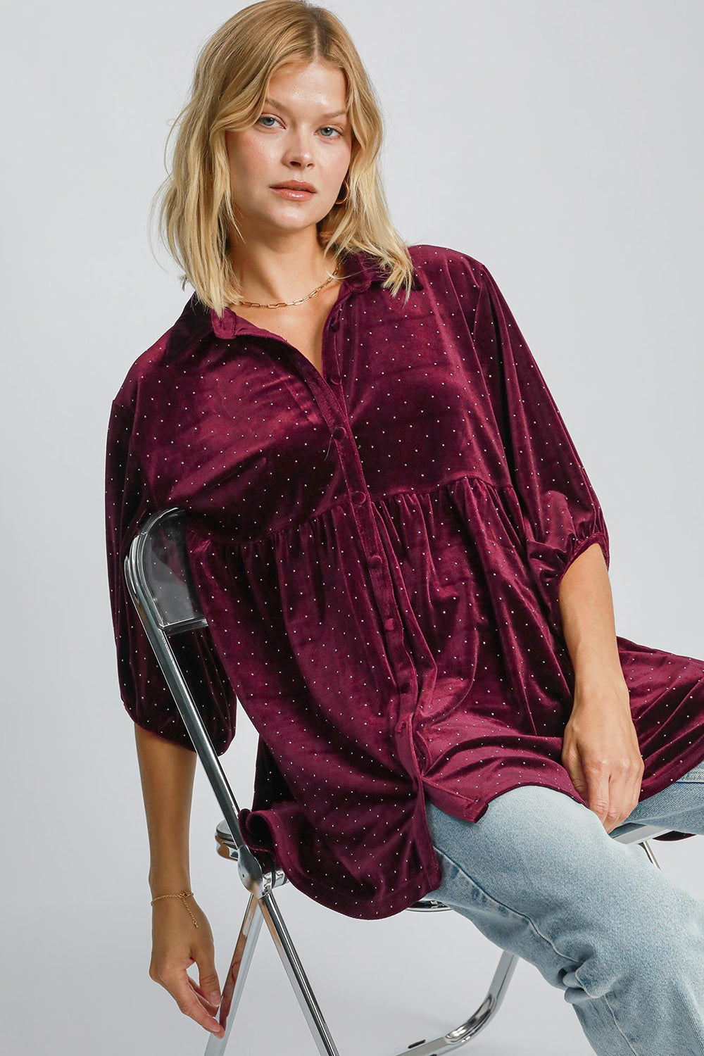 Umgee Full Size Polka Dot Button Up Half Sleeve Shirt - Charming Charlie