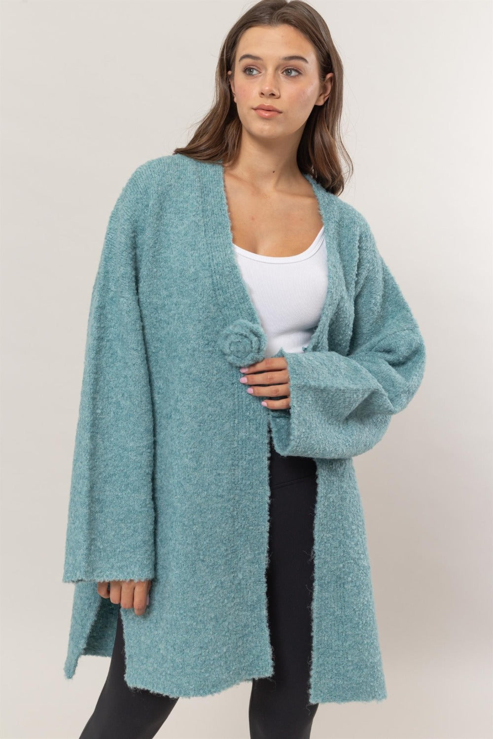 HYFVE Front Rosette Longline Slit Sweater Cardigan - Charming Charlie