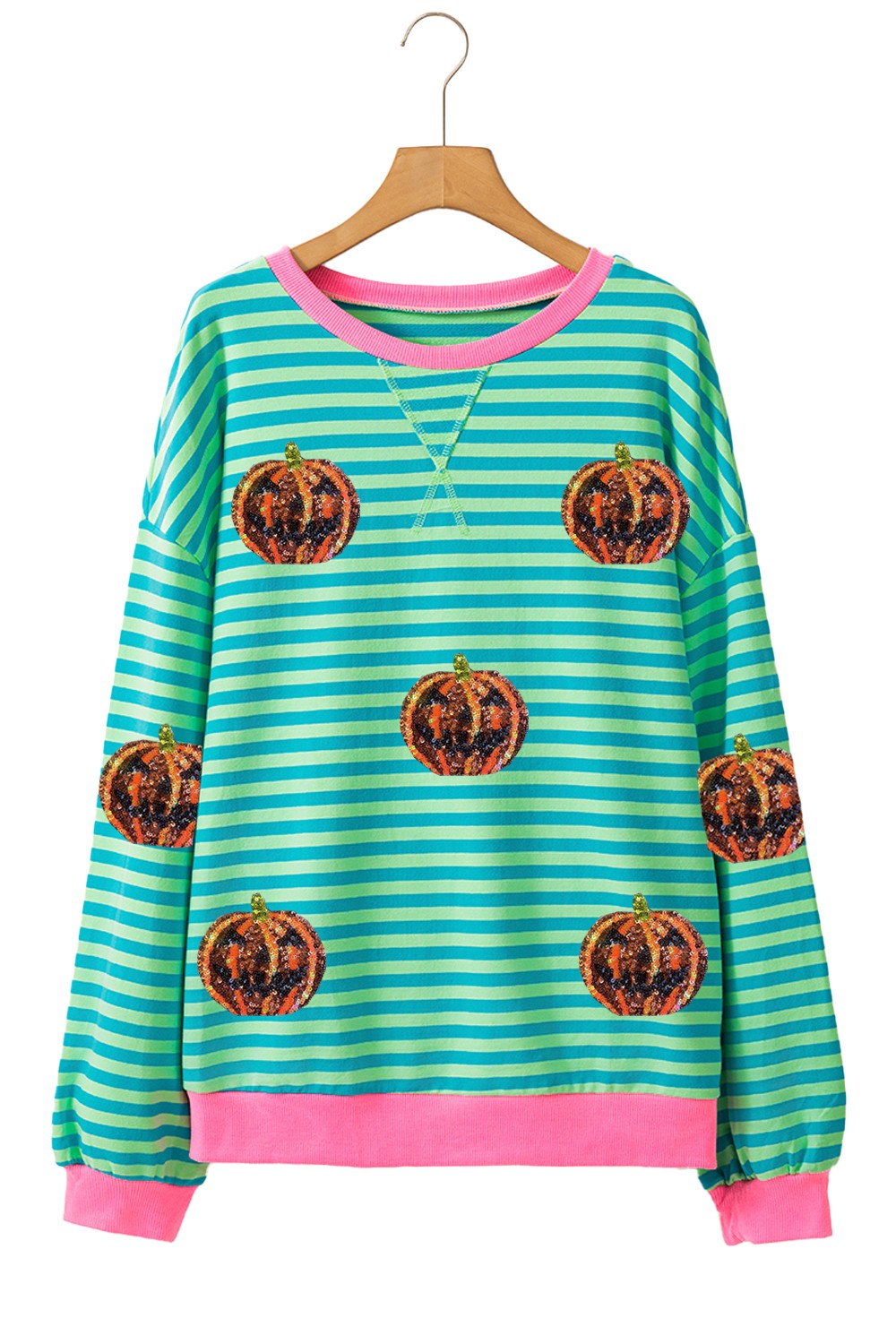 Pumpkin Striped Round Neck Long Sleeve Sweatshirt - Charming Charlie
