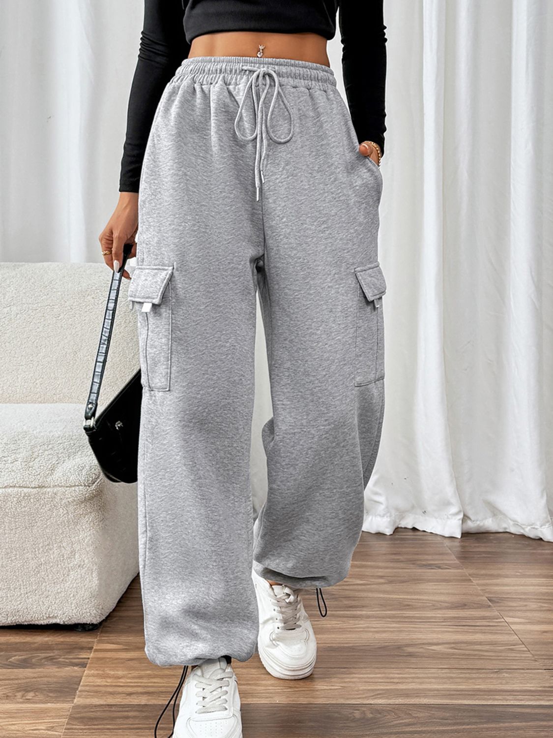 Perfee Drawstring Elastic Waist Joggers with Pockets - Charming Charlie