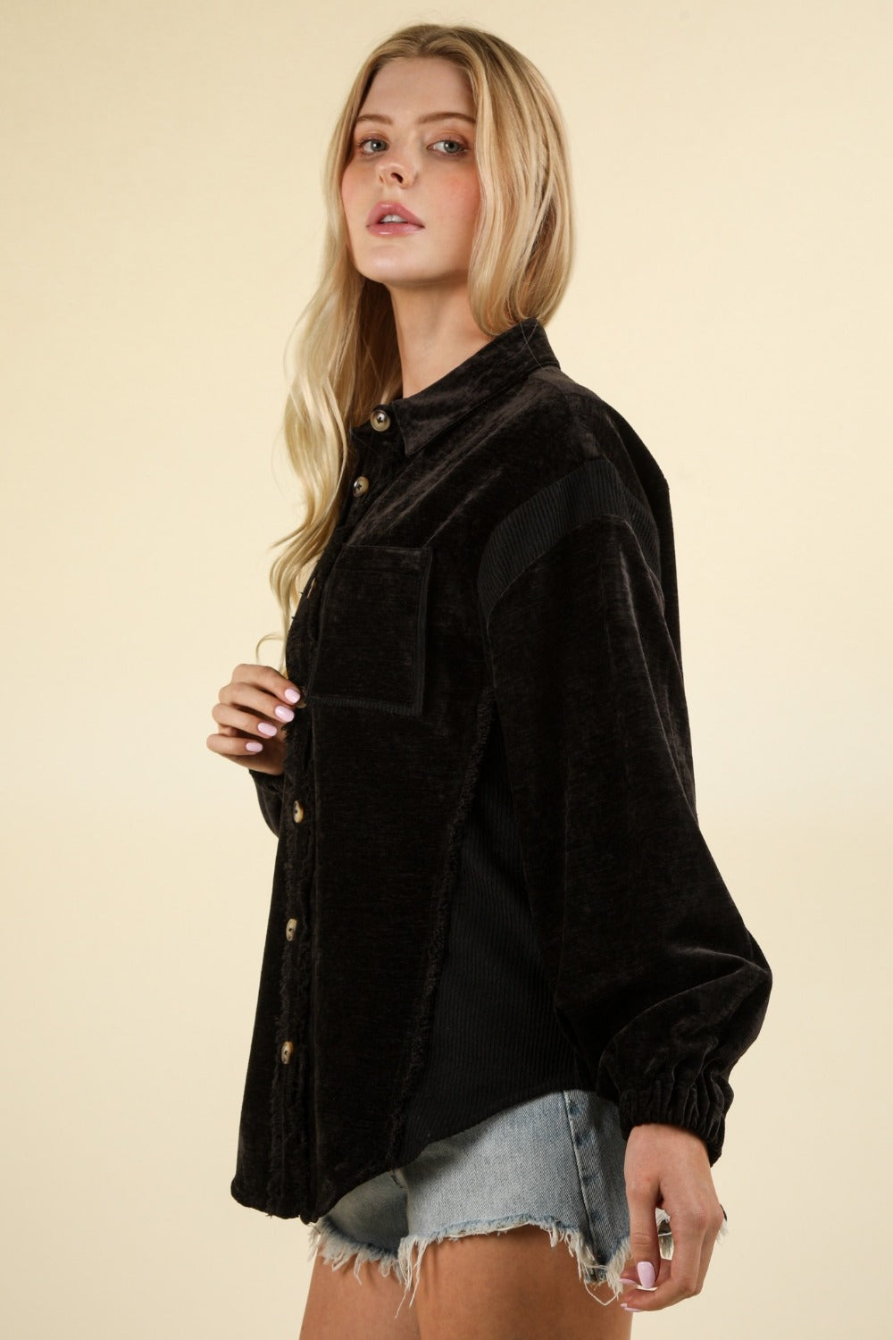VERY J Mixed Media Button Down Raw Hem Shacket - Charming Charlie