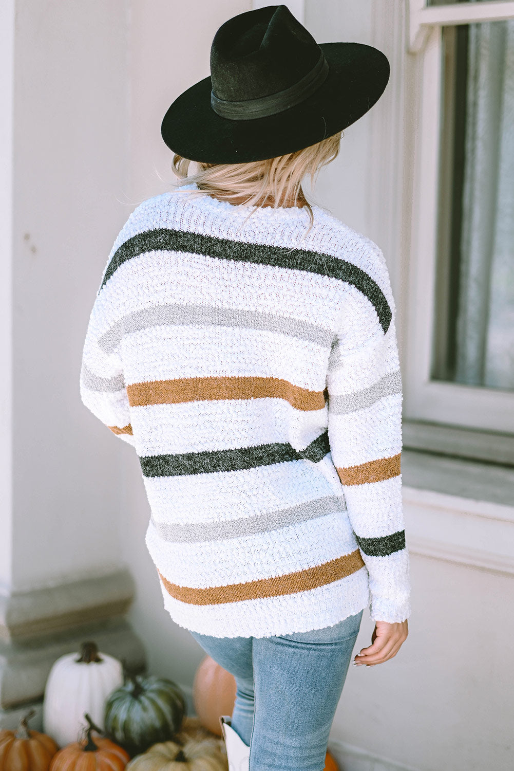 Striped Round Neck Dropped Shoulder Sweater - Charming Charlie