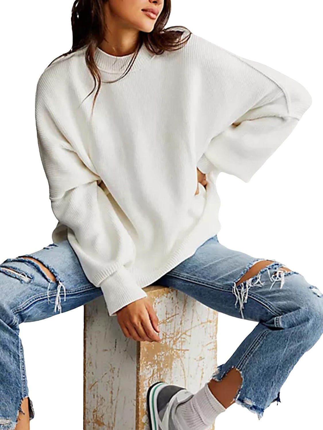 Round Neck Long Sleeve Sweater - Charming Charlie