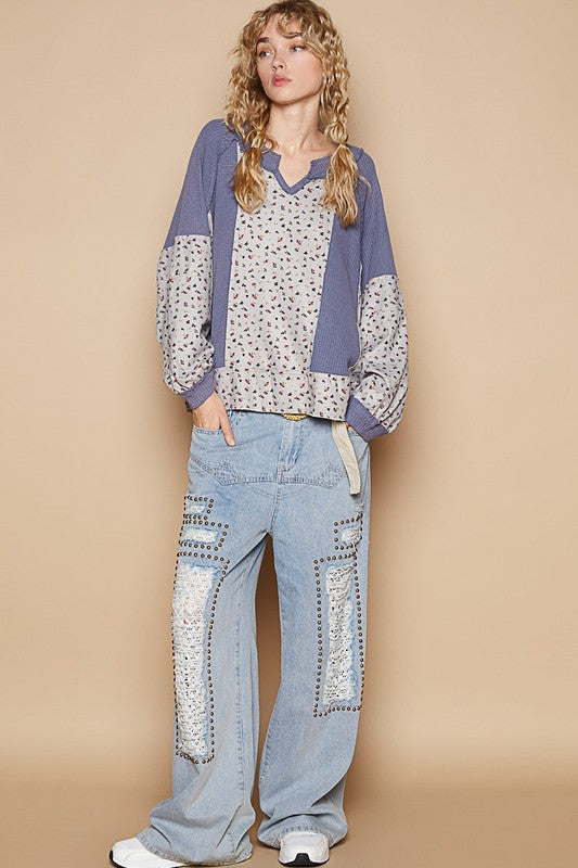 POL Waffle Knit Floral Notched Long Sleeve Top - Charming Charlie