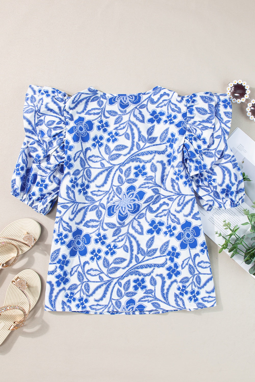 Printed Notched Half Sleeve Blouse - Charming Charlie