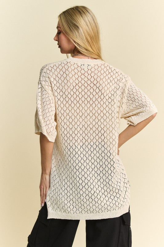 Davi & Dani Side Slit Openwork Round Neck Half Sleeve Knit Cover Up - Charming Charlie