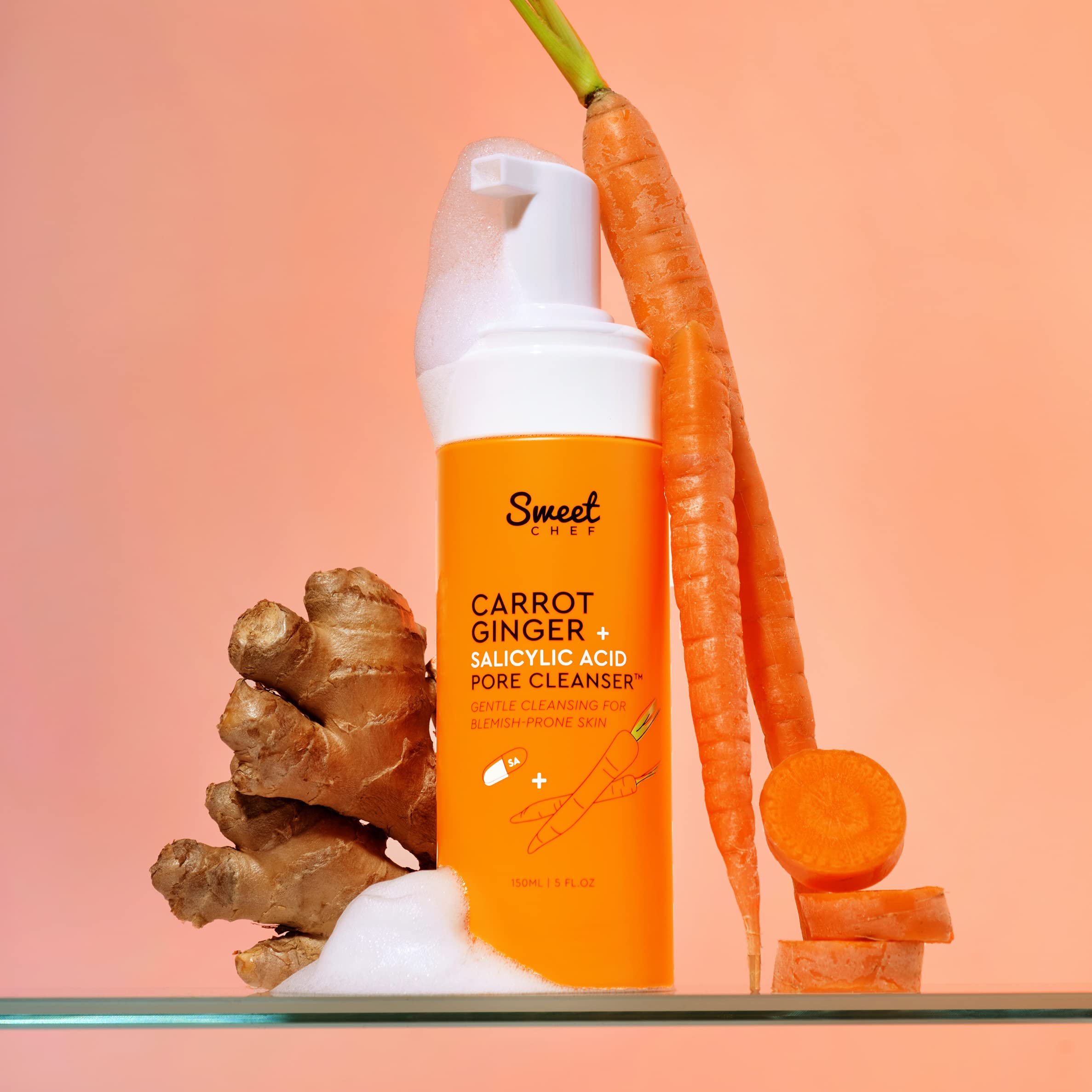 Sweet Chef Carrot Ginger + Salicylic Acid Pore Cleanser - Foaming Face Wash and Gentle Cleanser for Blemish Prone Skin - Brightening Ginger, Pore Minimizer Carrot and Exfoliating Face Wash (5 fl oz) - Charming Charlie
