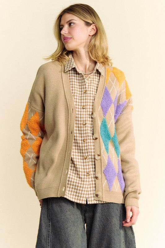Davi & Dani Argyle V-Neck Dropped Shoulder Cardigan - Charming Charlie