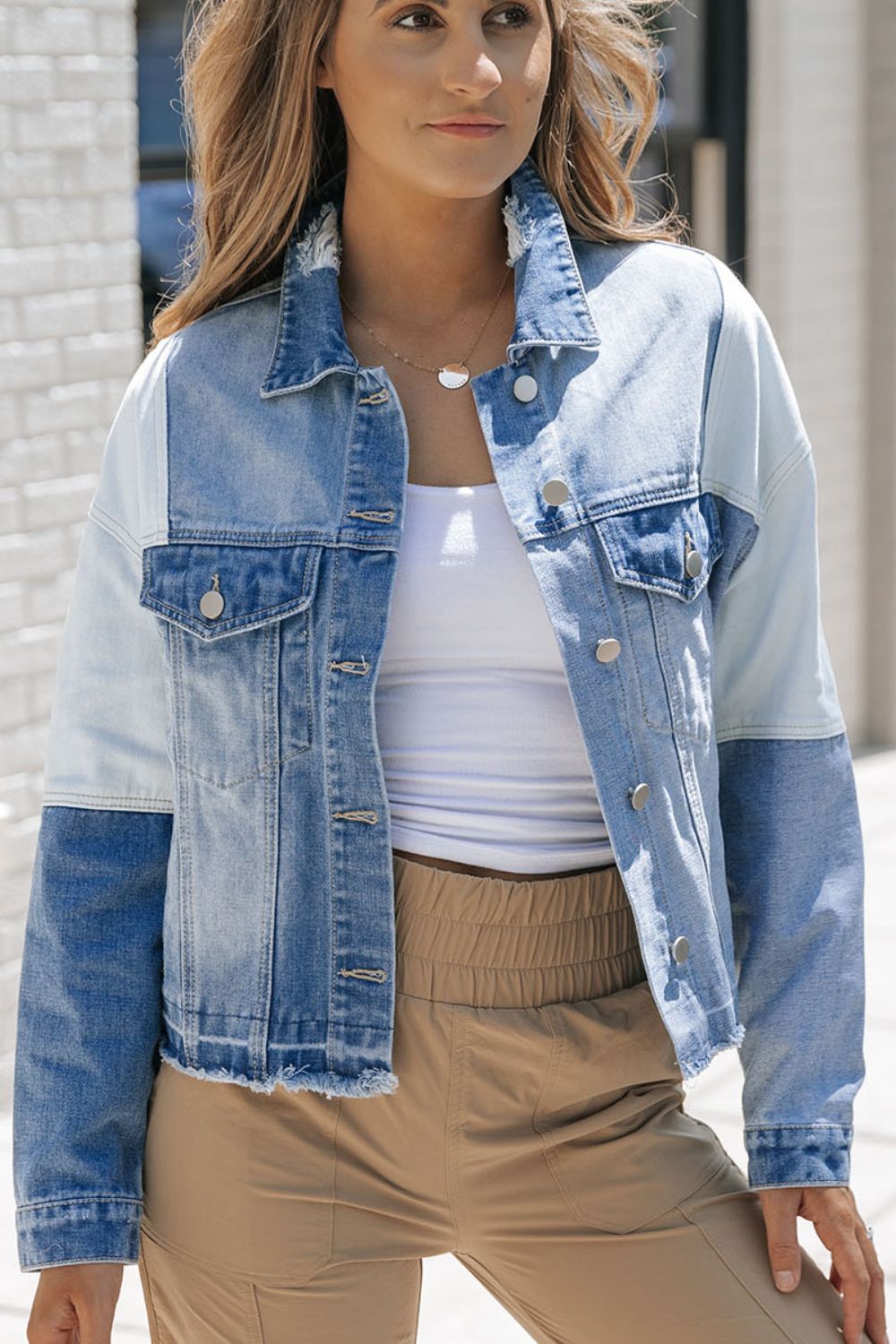 Distressed Button Up Drop Shoulder Denim Jacket - Charming Charlie