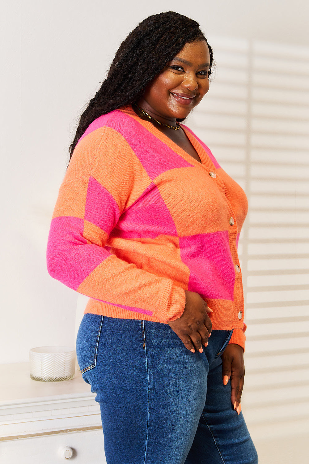 Angel Wings Woven Right Checkered V-Neck Dropped Shoulder Cardigan - Charming Charlie
