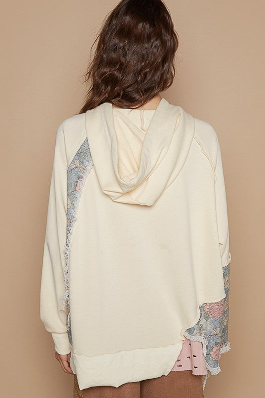 POL Floral Patchwork Distressed Drawstring Hoodie - Charming Charlie
