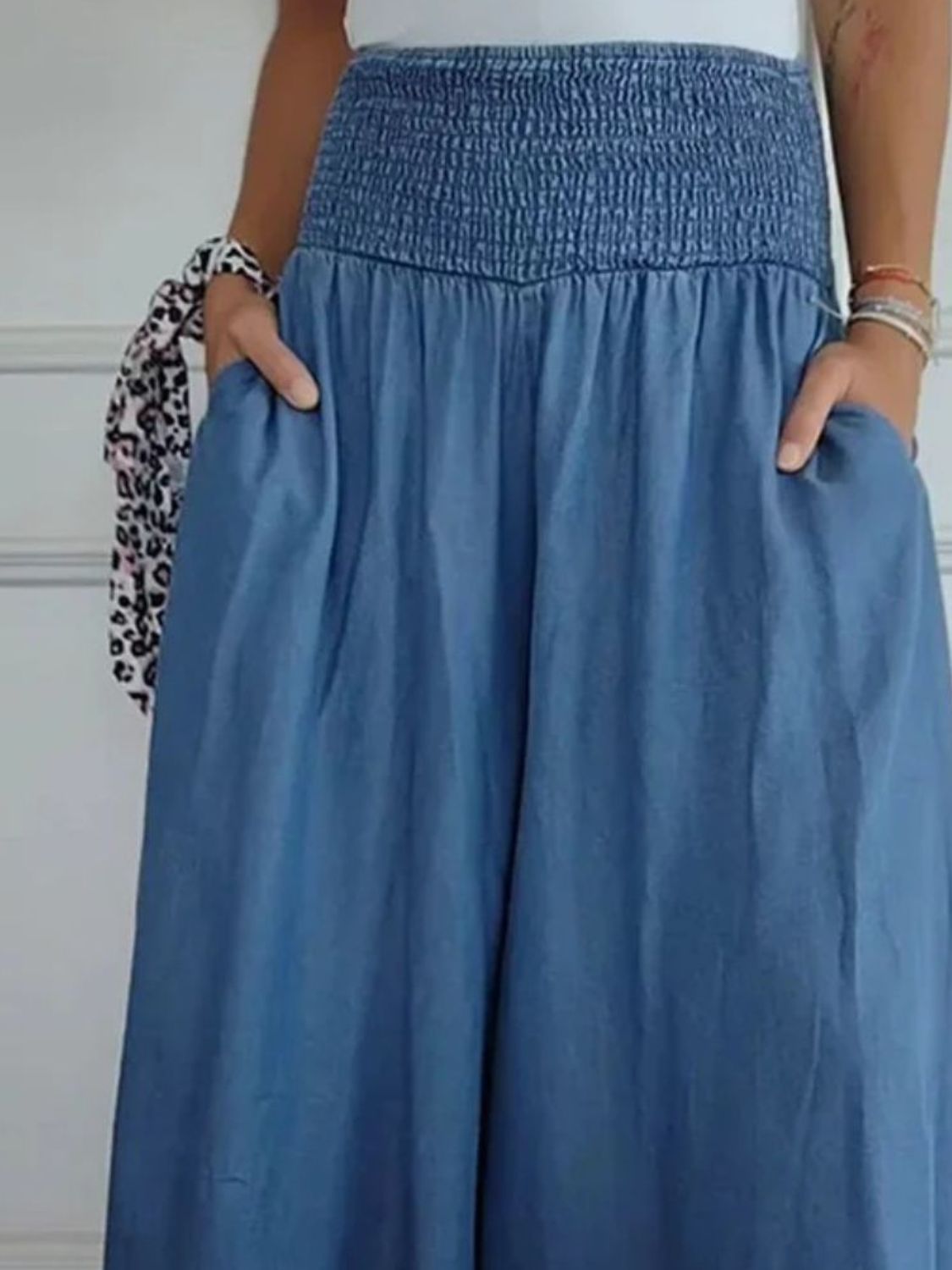 Full Size Smocked Wide Leg Pants with Pockets - Charming Charlie