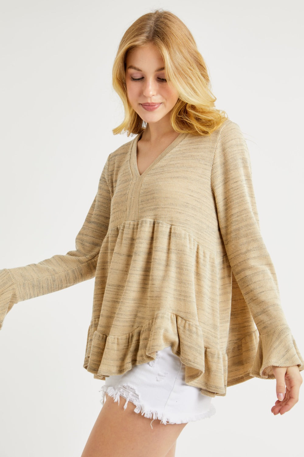 Hailey & Co V-Neck Flounce Sleeve Knit Top - Charming Charlie