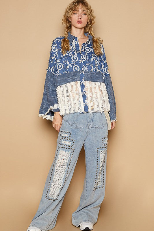 POL Lace Hem Embroidered Long Sleeve Shirt - Charming Charlie
