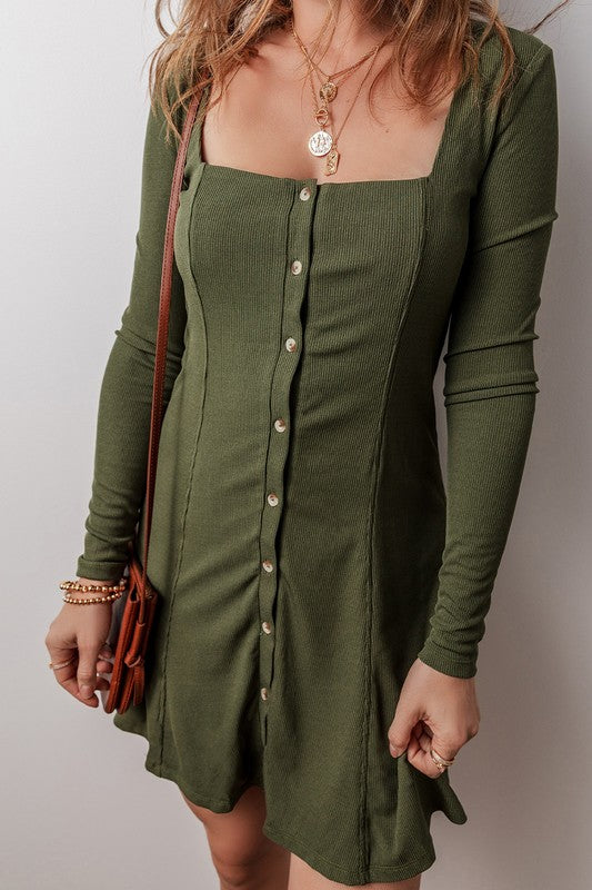 Knit Square Neck Buttoned Long Sleeve Mini Dress - Charming Charlie