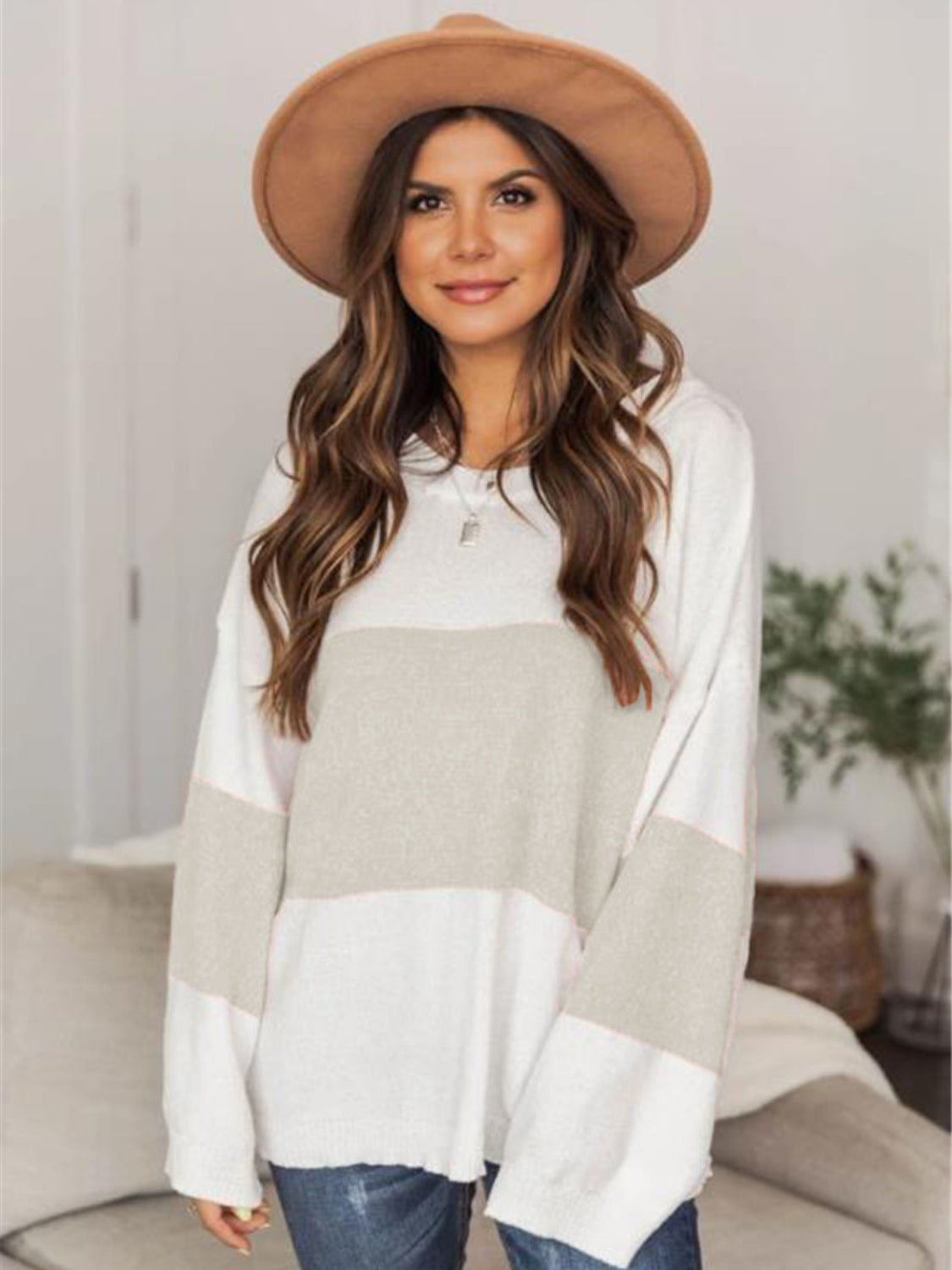 Color Block Round Neck Long Sleeve Sweater - Charming Charlie
