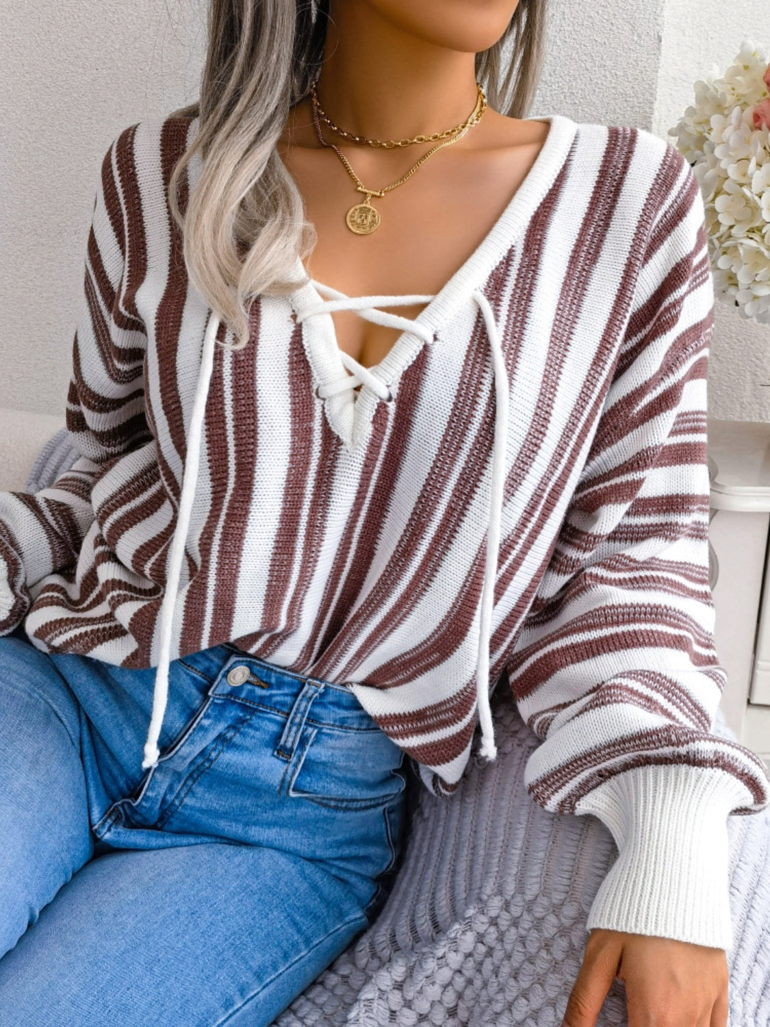 Striped Lace-Up Long Sleeve Sweater - Charming Charlie