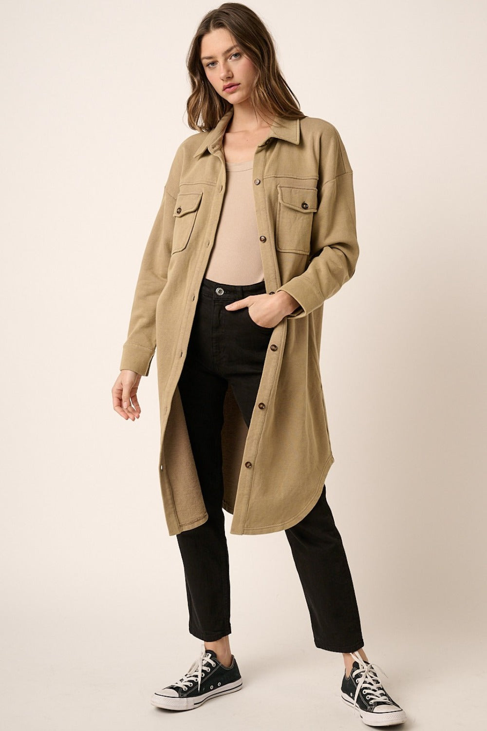 Mittoshop Acid Wash French Terry Longline Shacket - Charming Charlie