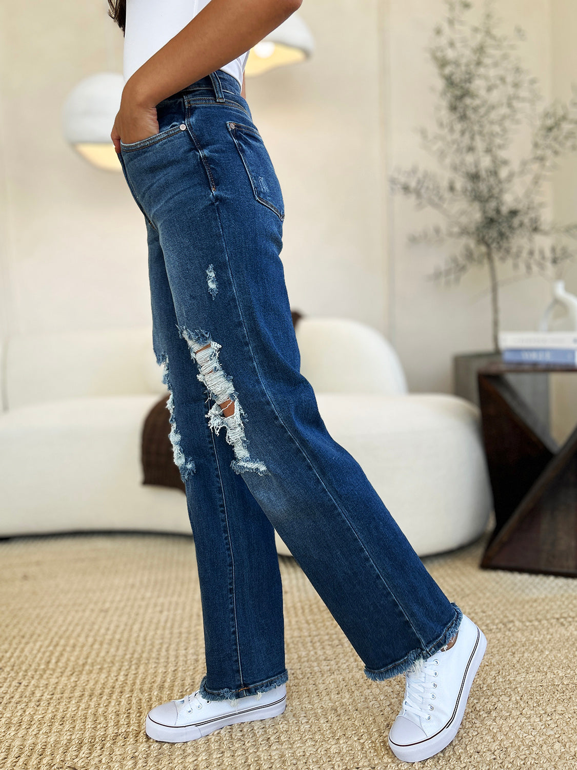 Judy Blue Full Size Mid Rise Distressed Raw Hem Jeans - Charming Charlie