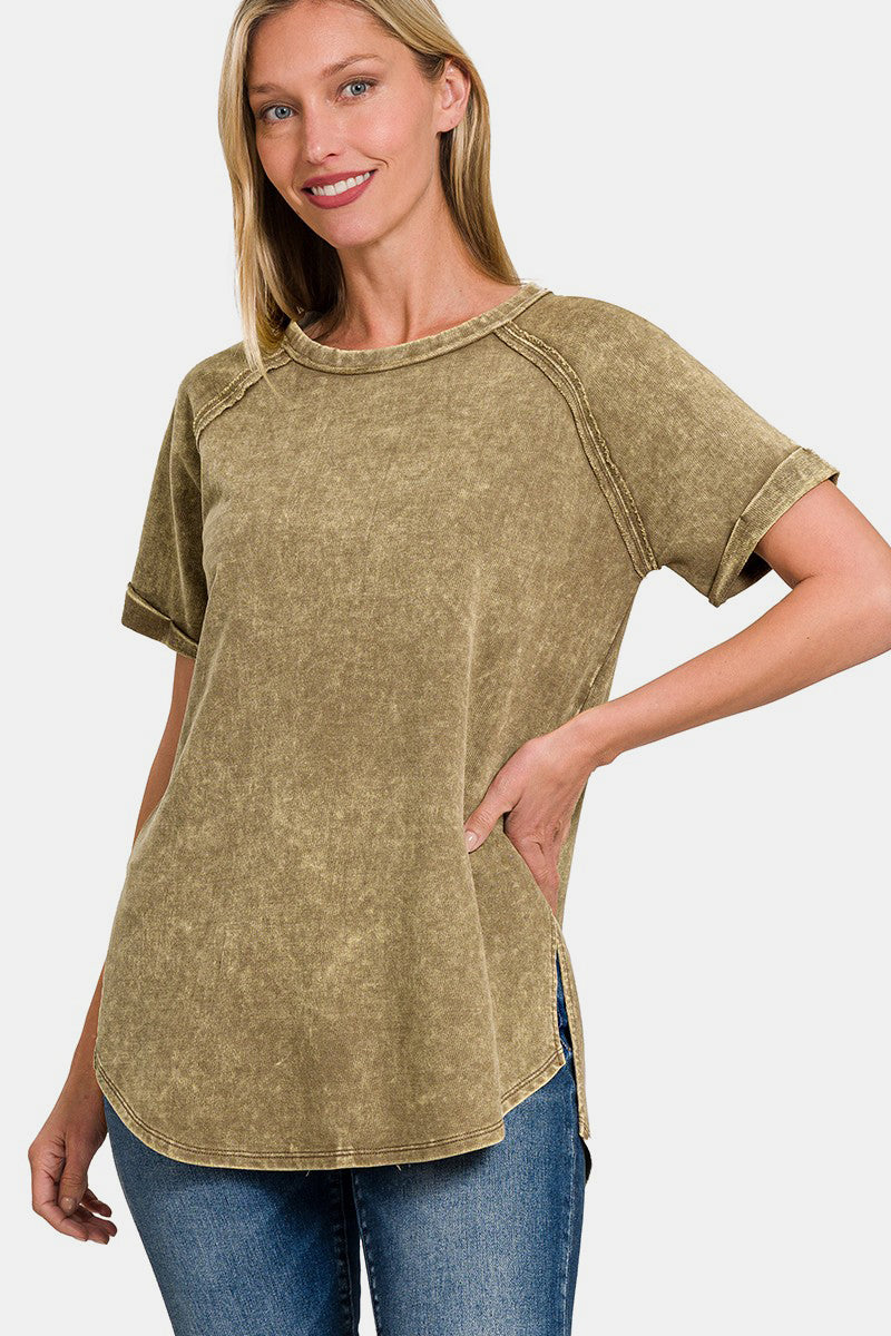Zenana Heathered Round Neck Short Sleeve Top - Charming Charlie
