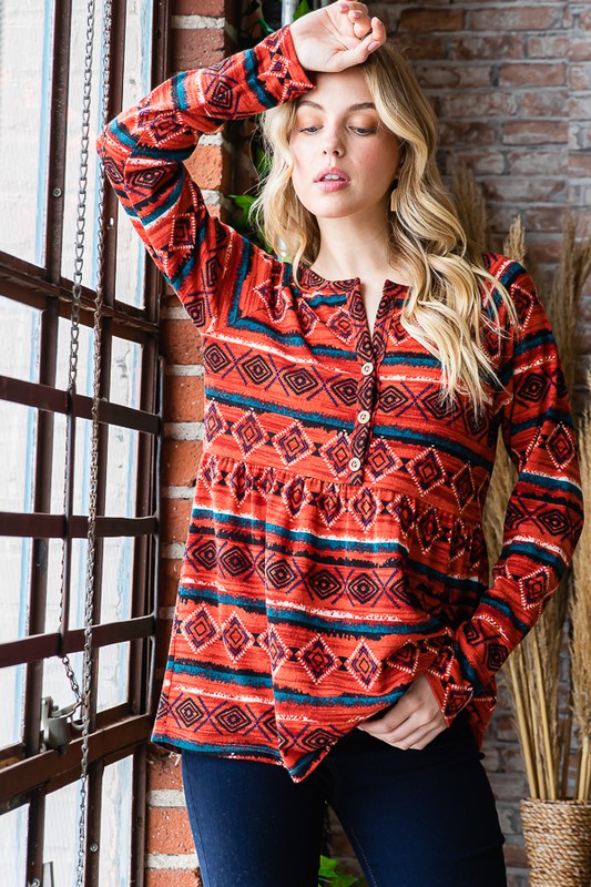 Heimish Full Size Geometric Button Detail Long Sleeve Babydoll Top - Charming Charlie