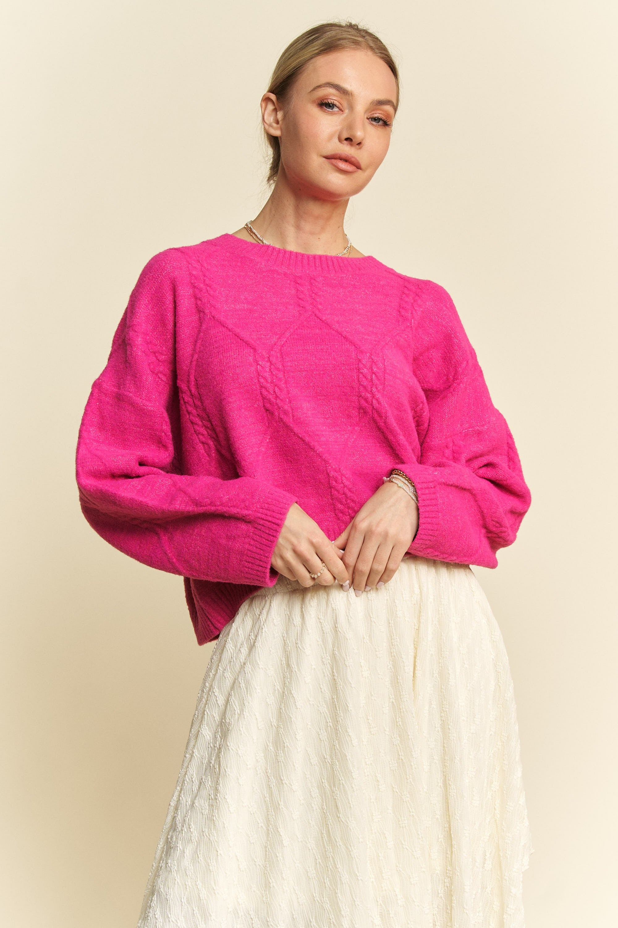 Davi & Dani Diamond Cable Pattern Drop Shoulder Sweater - Charming Charlie