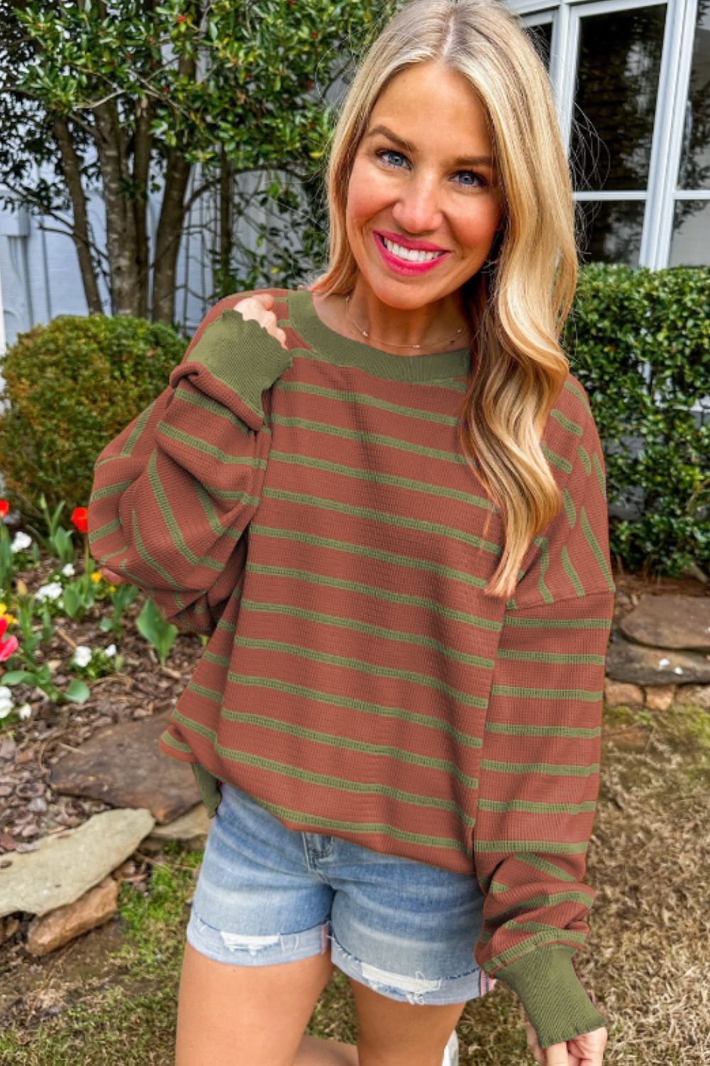 Striped Round Neck Long Sleeve Sweater - Charming Charlie