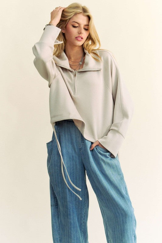 Davi & Dani Drawstring Hem Half Zip Raglan Sleeve Sweatshirt - Charming Charlie