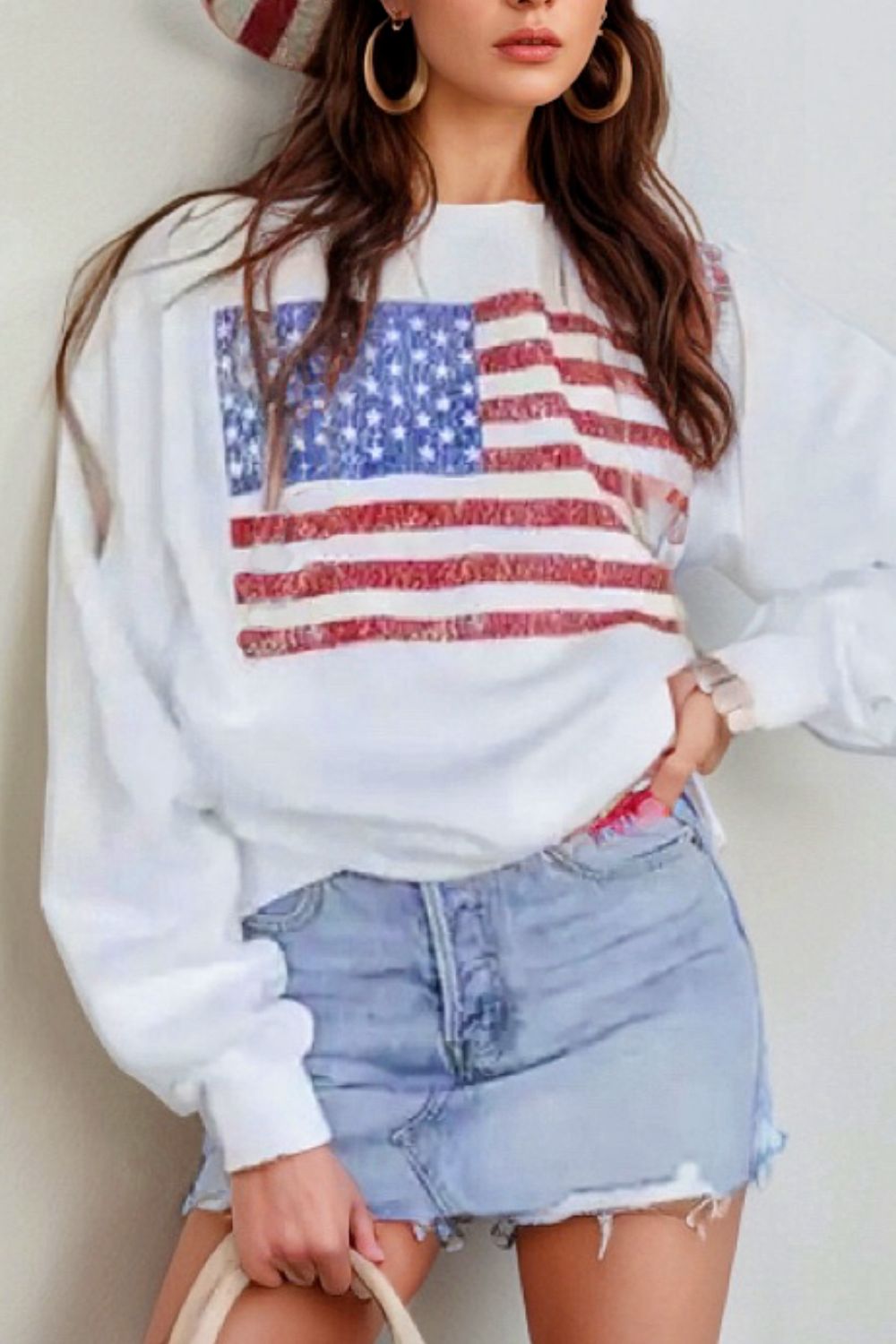 US Flag Round Neck Long Sleeve Sweatshirt - Charming Charlie