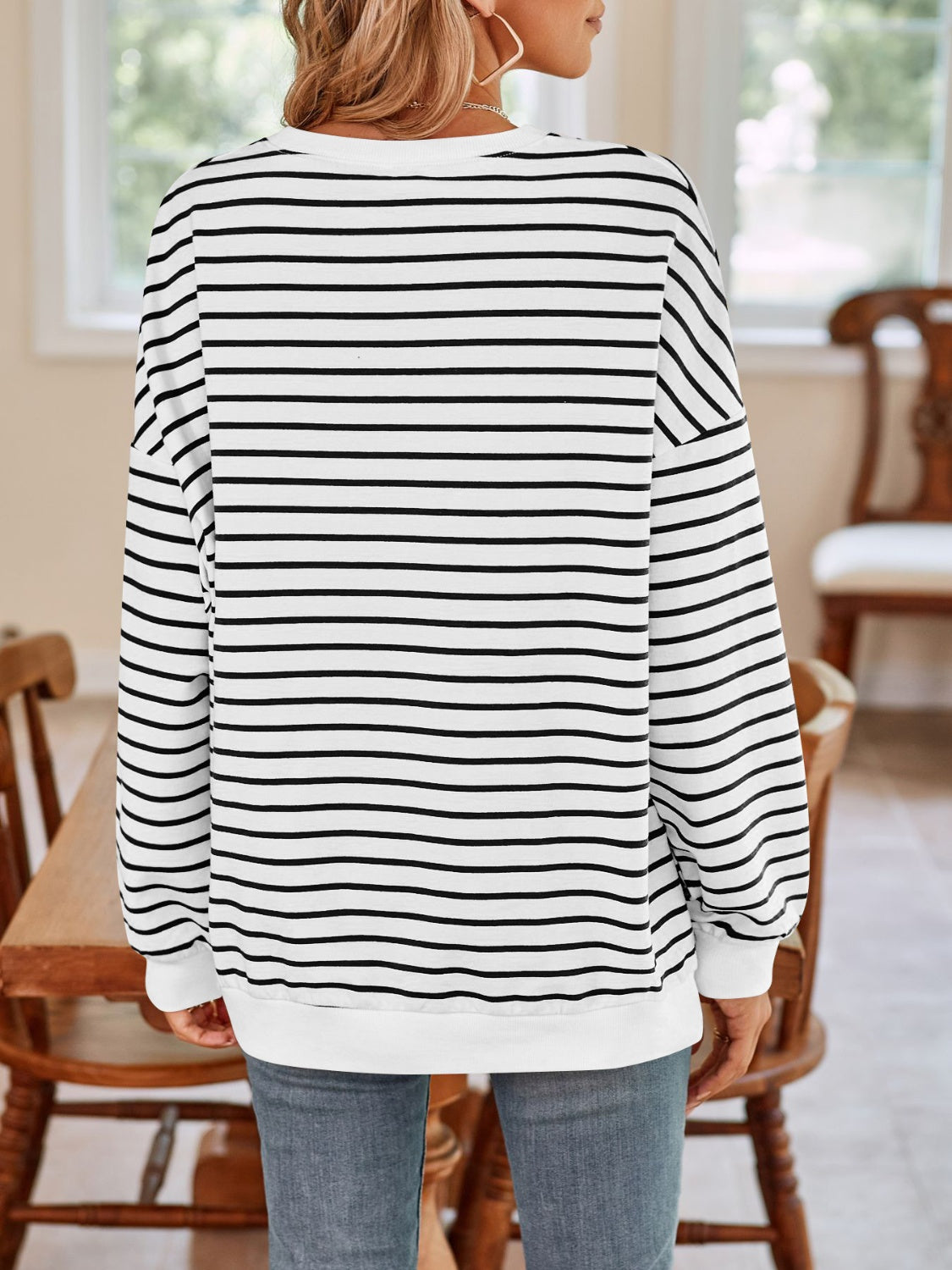 Striped Round Neck Long Sleeve Sweatshirt - Charming Charlie