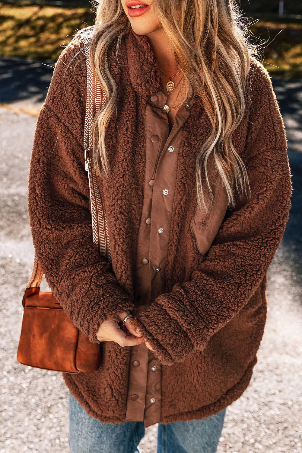 Fuzzy Snap Down Dropped Shoulder Jacket - Charming Charlie