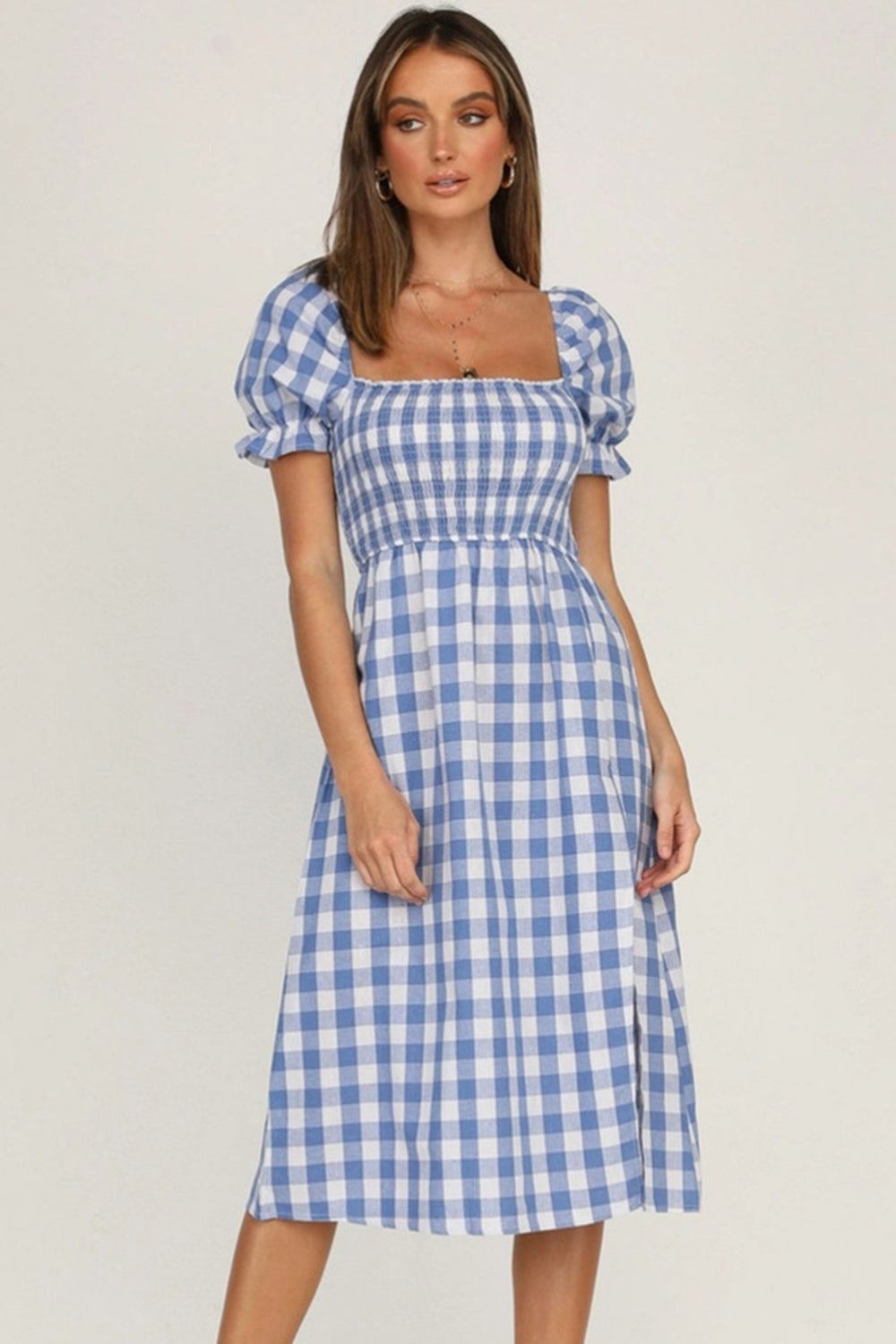 Full Size Slit Plaid Short Sleeve Midi Dress - Charming Charlie