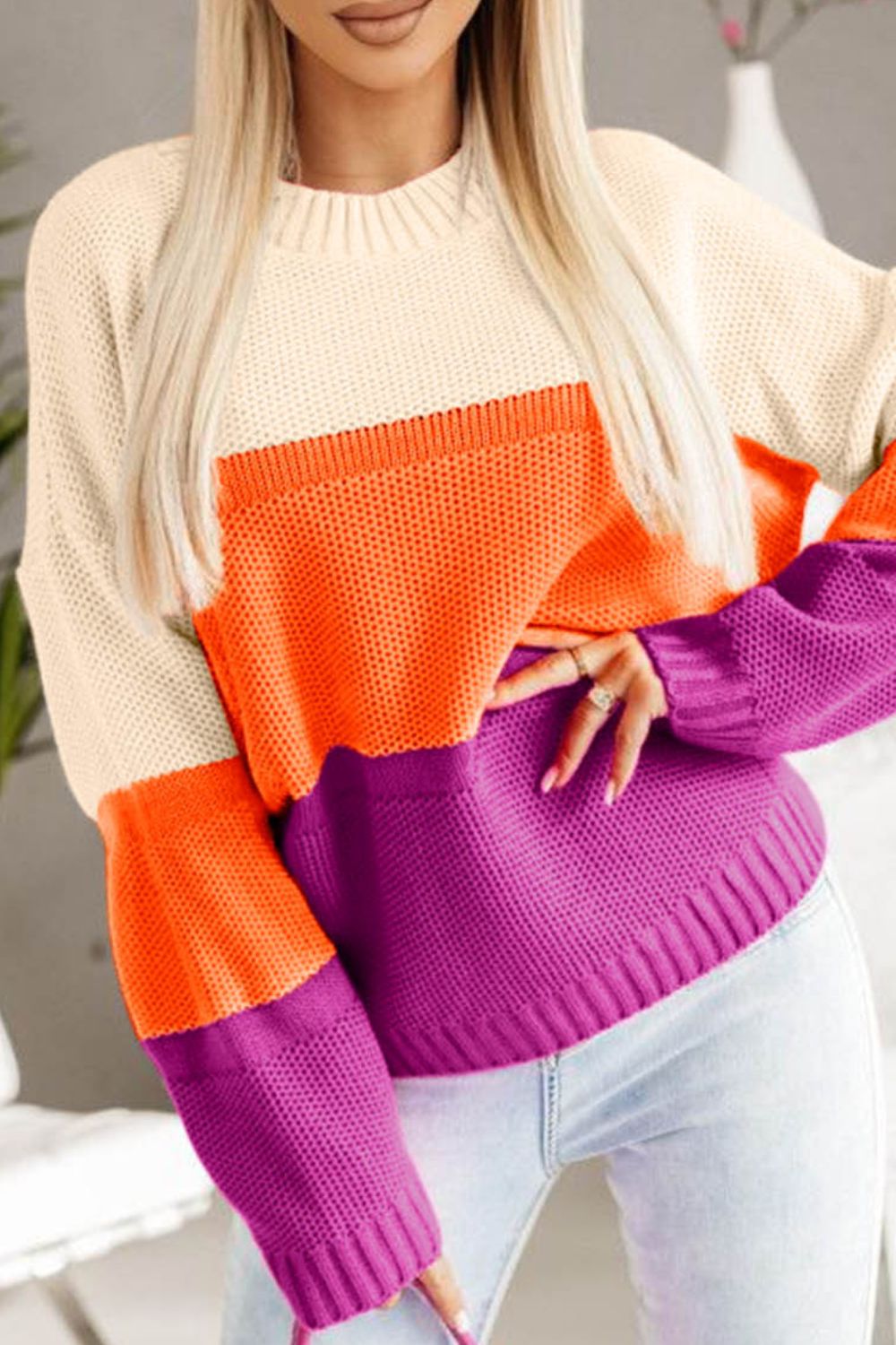 Color Block Drop Shoulder Round Neck Sweater - Charming Charlie