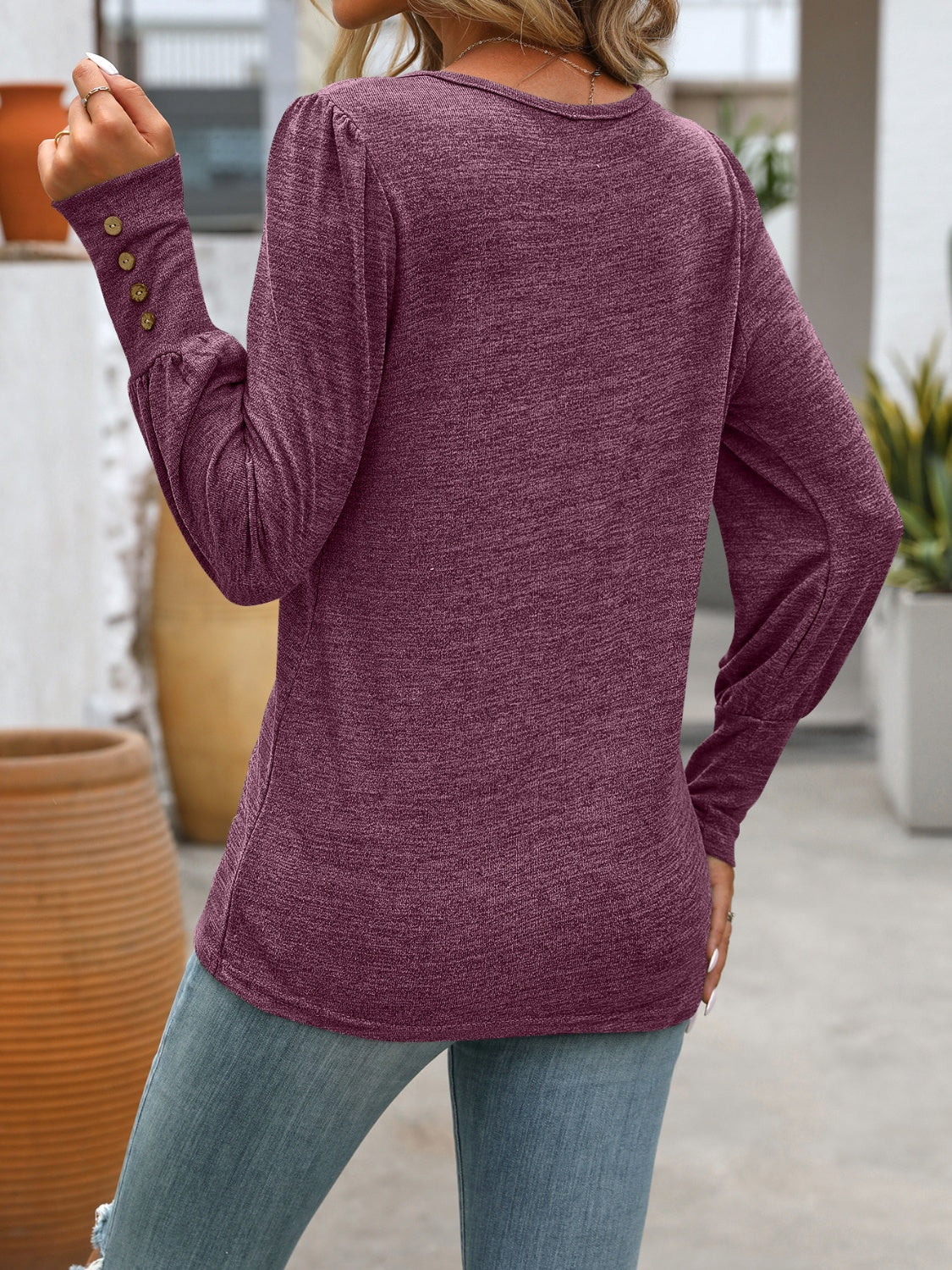 Decorative Button Round Neck Long Sleeve T-Shirt - Charming Charlie