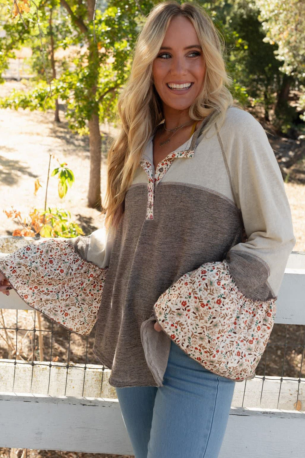 Floral Half Button Long Sleeve T-Shirt - Charming Charlie