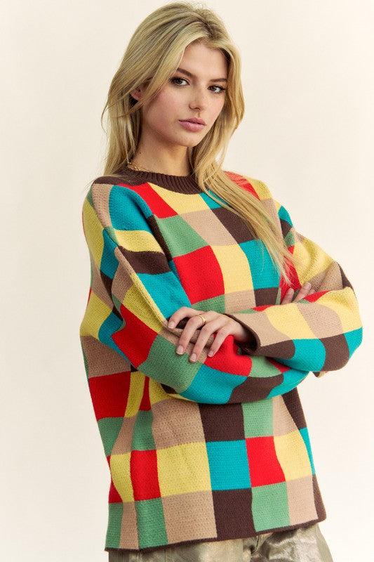 Davi & Dani Color Block Checkered Dropped Shoulder Sweater - Charming Charlie