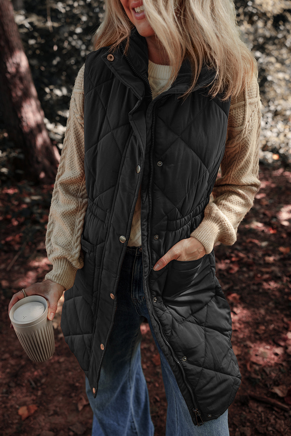 Pocketed Zipper and Button Vest Coat - Charming Charlie