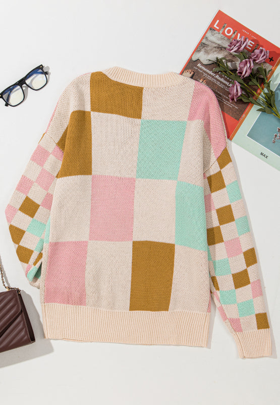 Checkered Round Neck Drop Shoulder Sweater - Charming Charlie