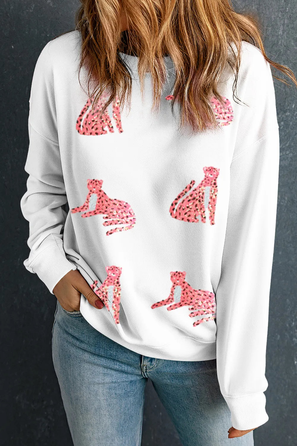 Leopard Round Neck Long Sleeve Sweatshirt - Charming Charlie