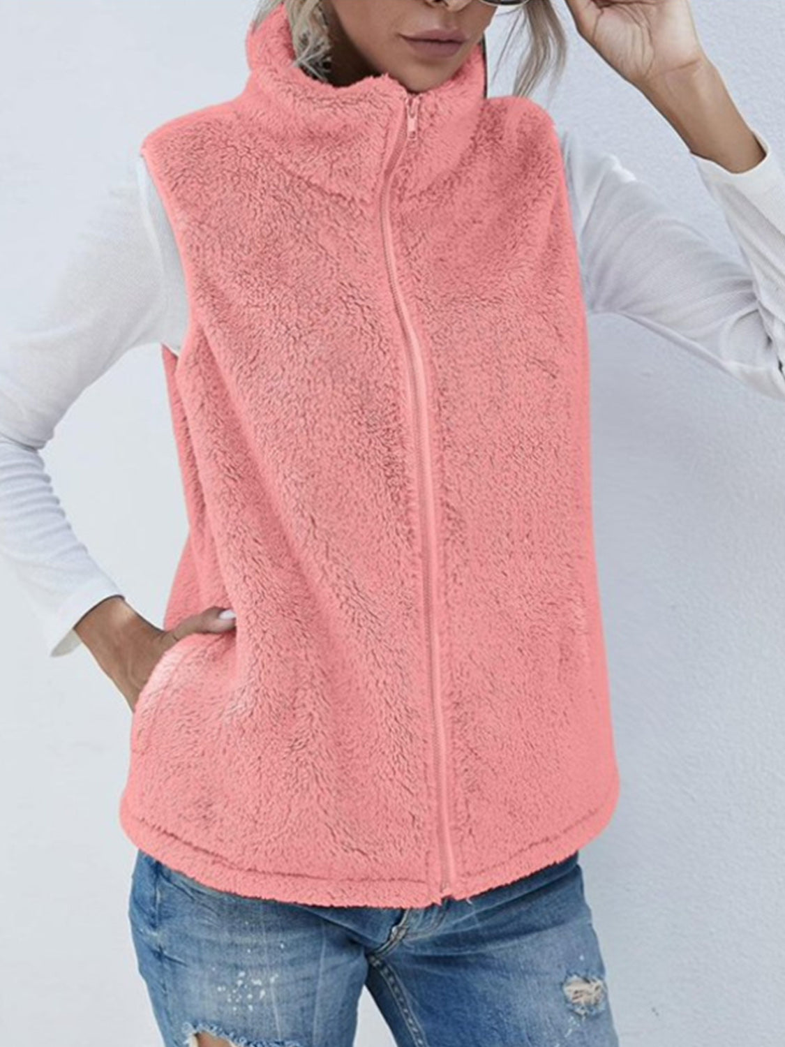 Full Size Fuzzy Zip Up Vest Coat with Pockets - Charming Charlie