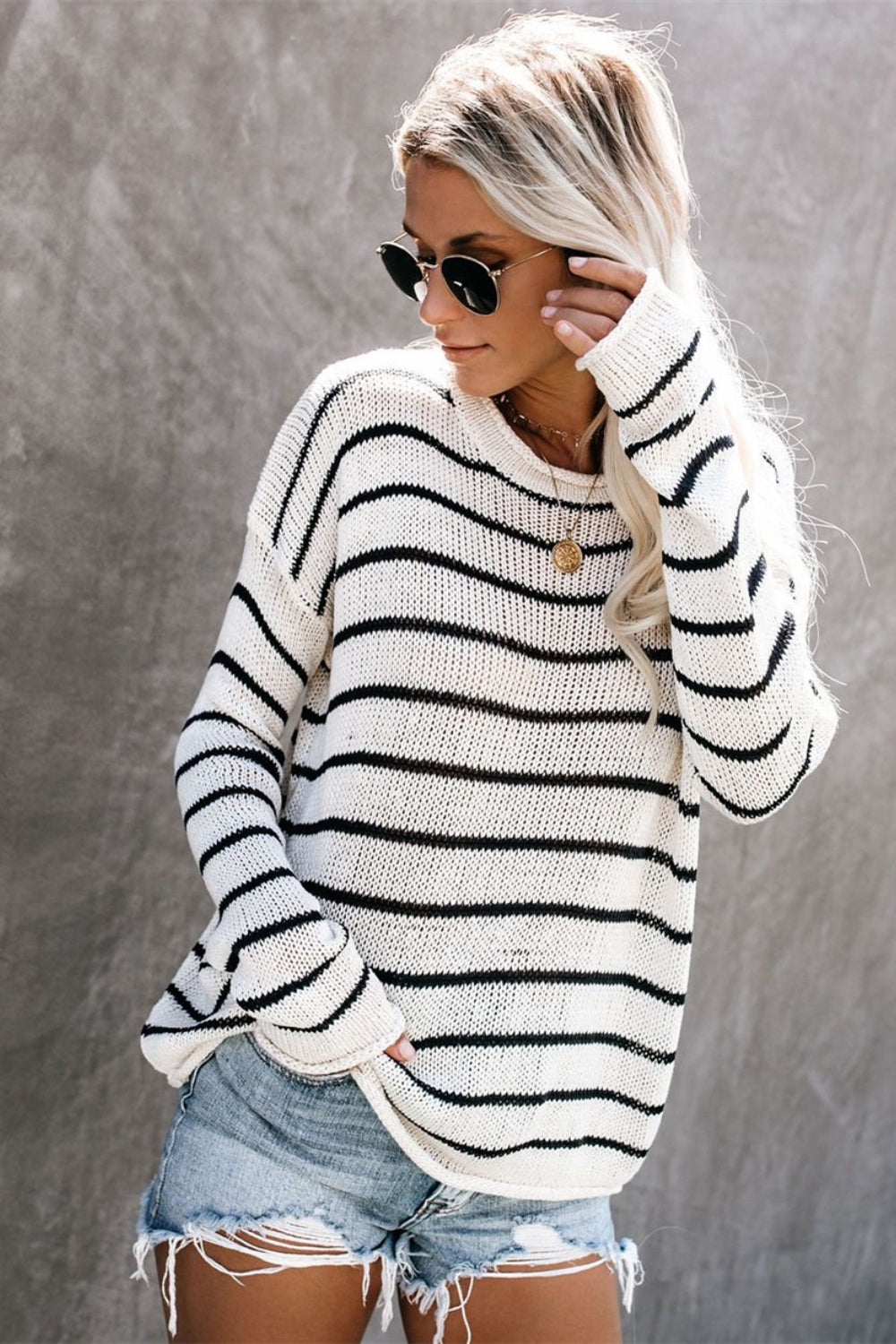 Striped Round Neck Drop Shoulder Sweater - Charming Charlie