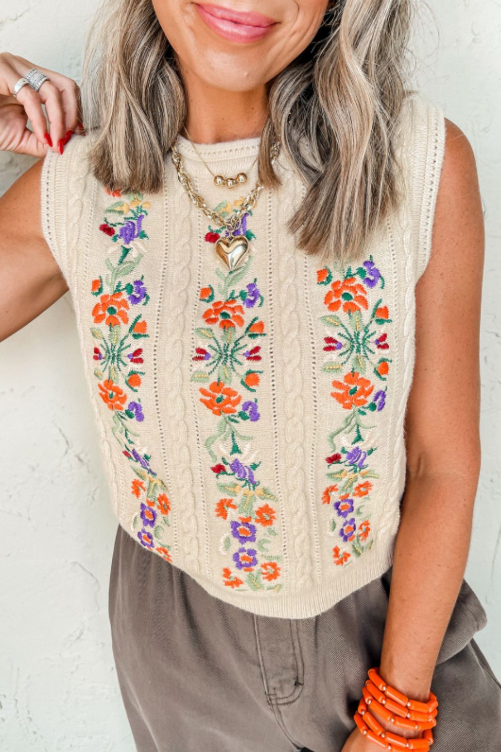 Embroidered Cable-Knit Round Neck Sweater Vest - Charming Charlie